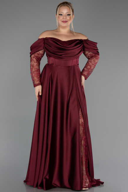 Robe Grande Taille Satin Longue Rouge Bordeaux ABU5261