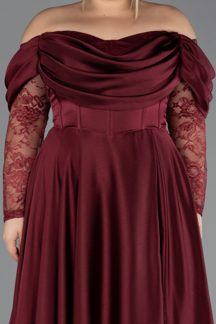Robe Grande Taille Satin Longue Rouge Bordeaux ABU5261