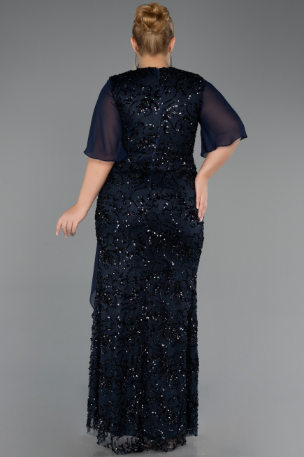 Robe De Soirée Grande Taille Longue Squameuse Bleu Marine ABU6373