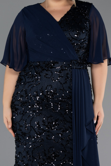 Robe De Soirée Grande Taille Longue Squameuse Bleu Marine ABU6373