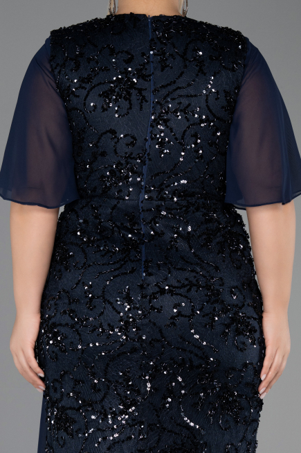 Robe De Soirée Grande Taille Longue Squameuse Bleu Marine ABU6373