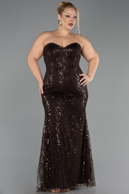 Robe De Soirée Grande Taille Longue Perlé Brun ABU6632