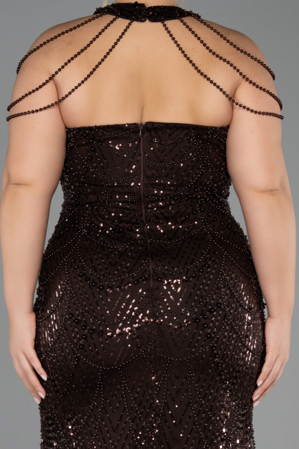 Robe De Soirée Grande Taille Longue Perlé Brun ABU6632