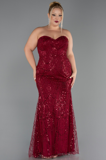 Robe De Soirée Grande Taille Longue Perlé Rouge Bordeaux ABU6632