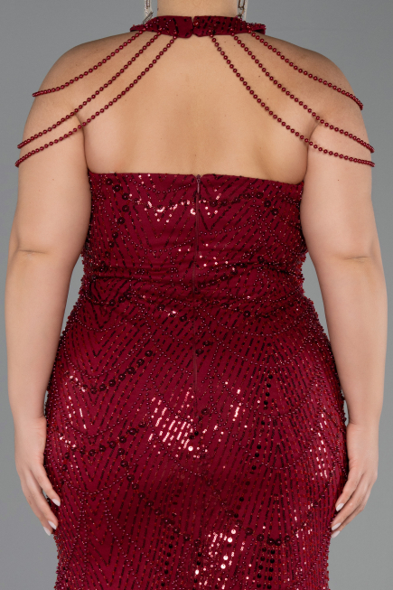 Robe De Soirée Grande Taille Longue Perlé Rouge Bordeaux ABU6632
