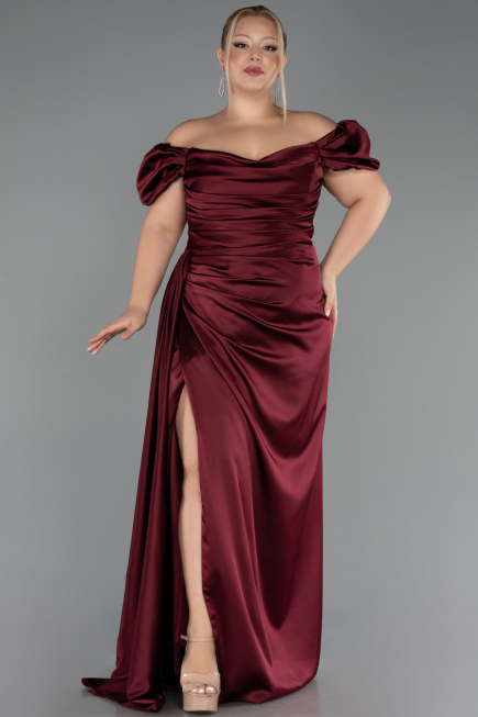 Robe De Soirée Grande Taille Satin Longue Rouge Bordeaux ABU1626