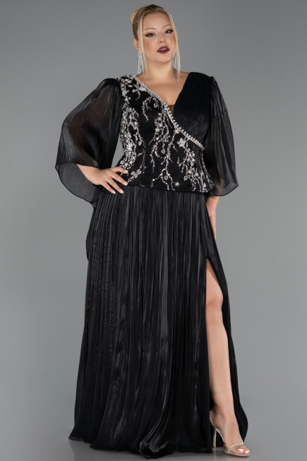 Robe De Soirée Grande Taille Longue Mousseline Noir ABU6619