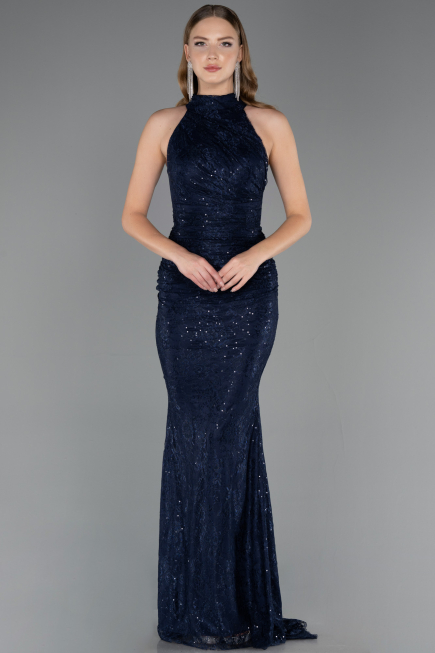 Robe de Soirée Longue Dantelle Bleu Marine ABU6084