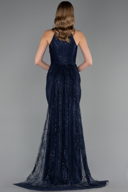 Robe de Soirée Longue Dantelle Bleu Marine ABU6084