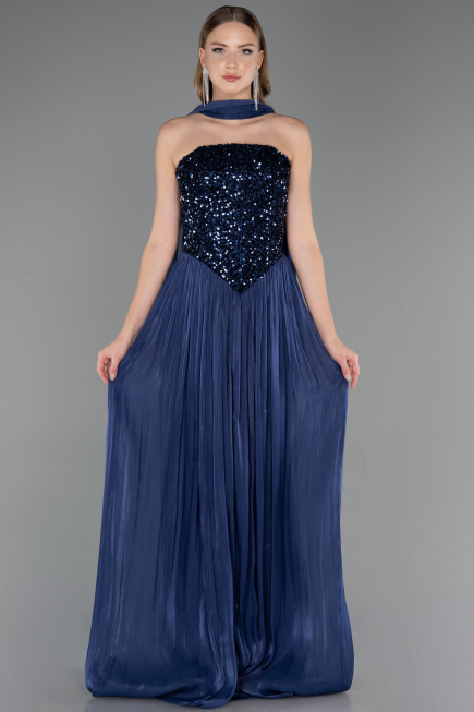 Robe de Soirée Longue Mousseline Bleu Marine ABU6533