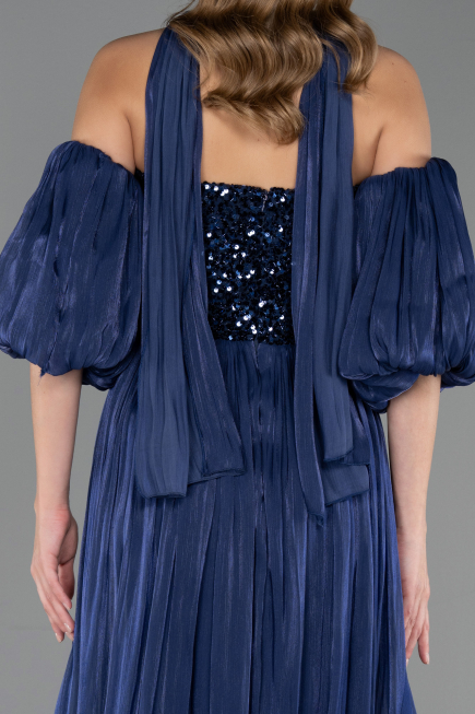 Robe de Soirée Longue Mousseline Bleu Marine ABU6533