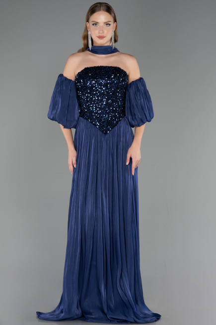Robe de Soirée Longue Mousseline Bleu Marine ABU6533