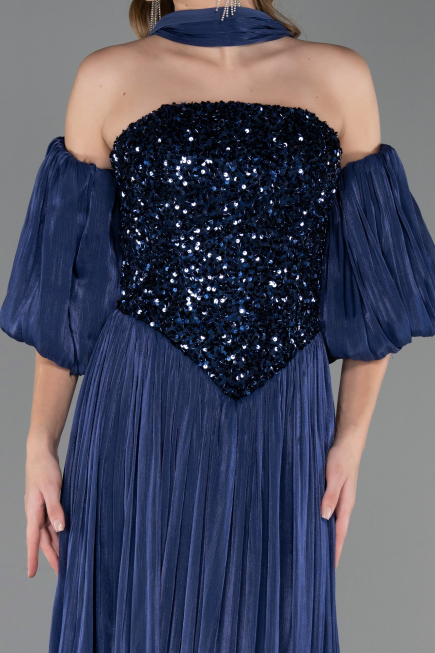 Robe de Soirée Longue Mousseline Bleu Marine ABU6533