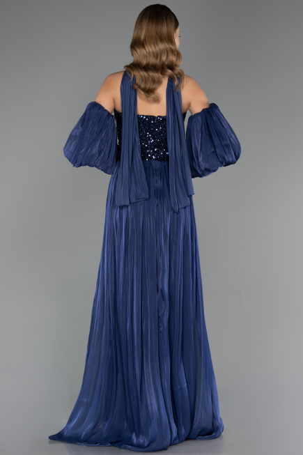 Robe de Soirée Longue Mousseline Bleu Marine ABU6533