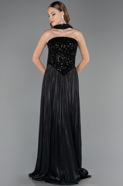 Robe de Soirée Longue Mousseline Noir ABU6533