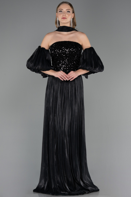 Robe de Soirée Longue Mousseline Noir ABU6533