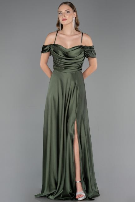 Robe de Soirée Longue Satin Kaki ABU4703