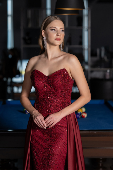 Robe de Soirée Longue Perlé Rouge Bordeaux ABU6673