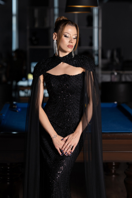 Robe de Soirée Longue Perlé Noir ABU6544