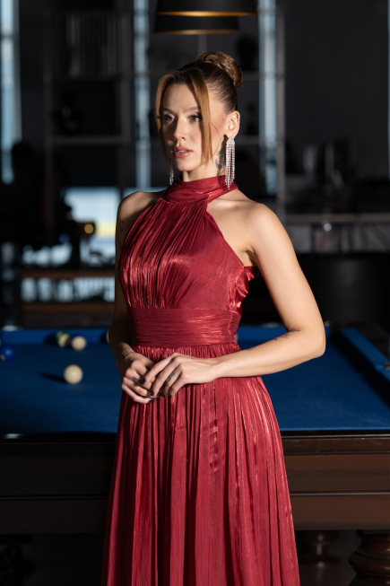 Robe de Soirée Longue Mousseline Rouge Bordeaux ABU6428