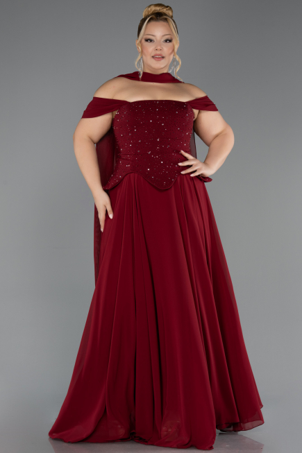 Robe De Soirée Grande Taille Longue Mousseline Rouge Bordeaux ABU6684