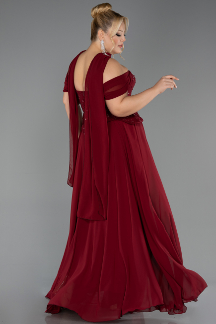 Robe De Soirée Grande Taille Longue Mousseline Rouge Bordeaux ABU6684
