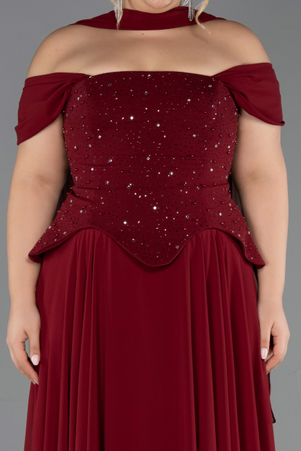 Robe De Soirée Grande Taille Longue Mousseline Rouge Bordeaux ABU6684