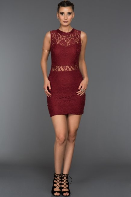 Bordo Mini Dantelli Elbise ES3574