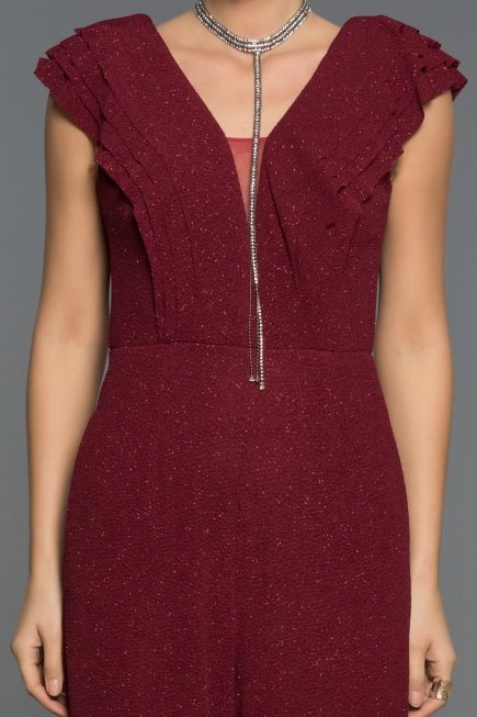 Bordo Kolye Detaylı Simli Tulum C7241
