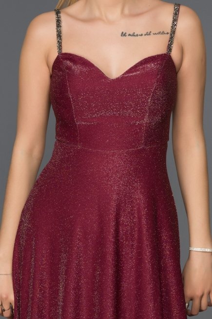 Bordo Simli Uzun Abiye Elbise AB3434