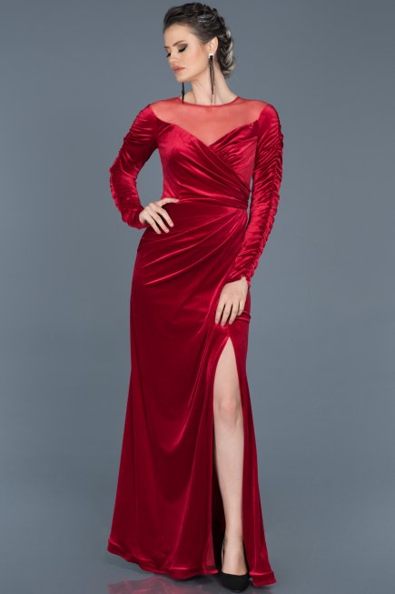 Robe de Soirée Longue en Velours Rouge ABU527