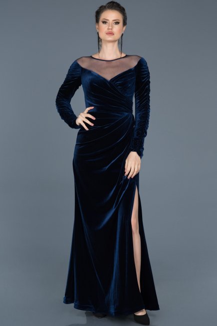 Robe de Soirée Longue en Velours Bleu Marine ABU527