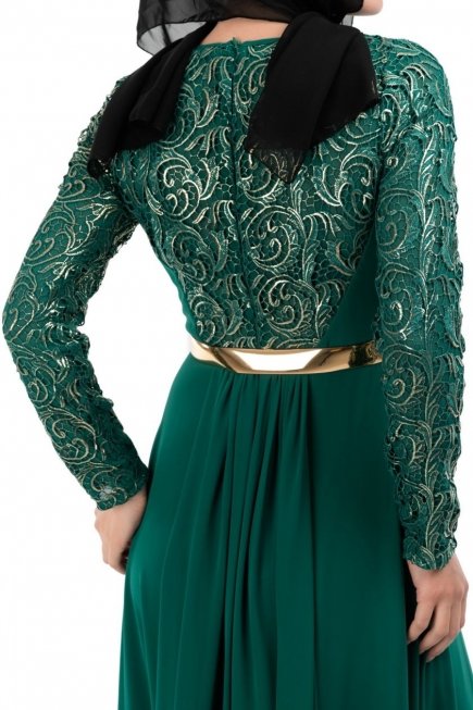 Yeşil-Gold Tesettür Abiye Elbise S3674
