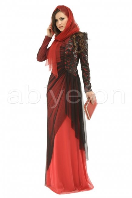 Bordo tesettür abiye elbise S3472